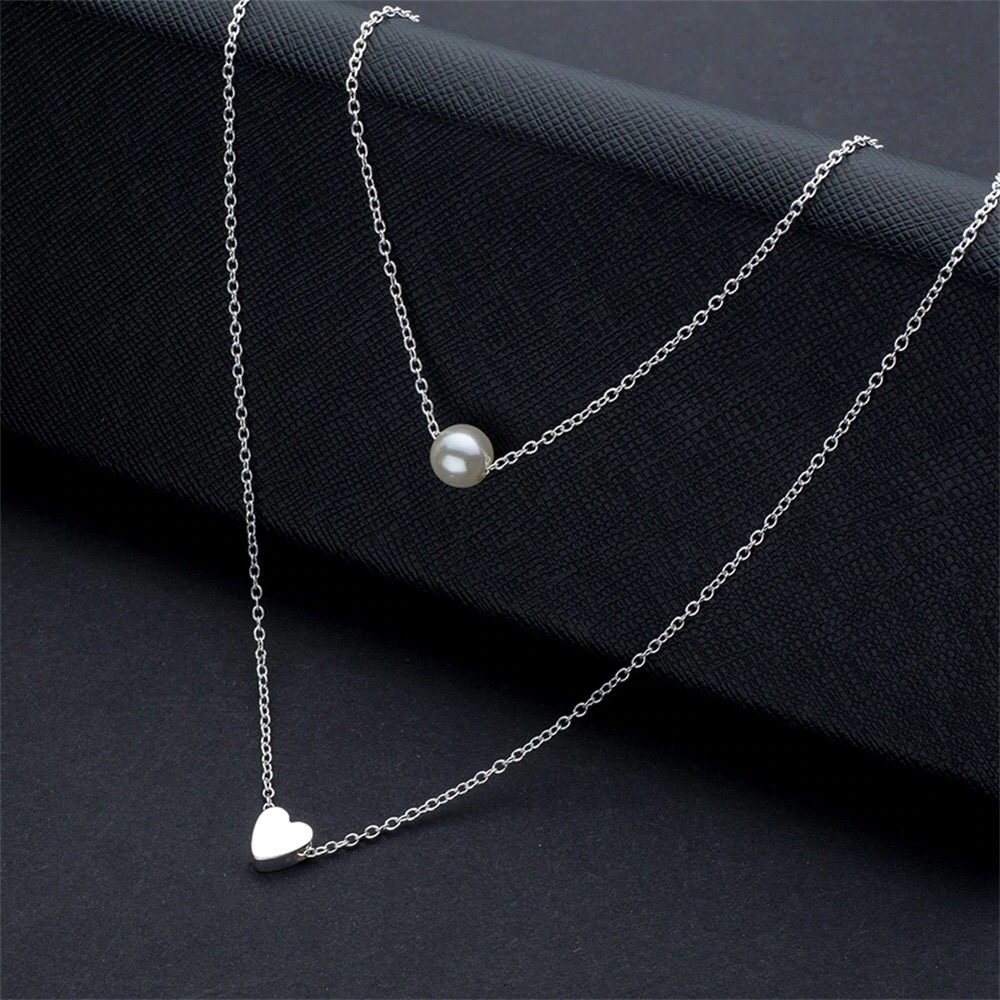 Heart and Pearl Double Layered Necklace - Picture 3 of 6